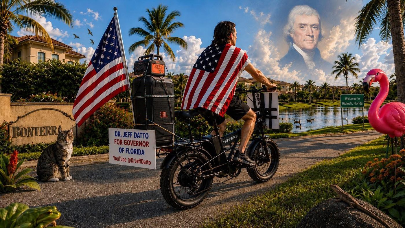 Campaign illustration: a rider in an American-flag cape on an e-bike with a Dr. Jeff Datto for Governor of Florida sign, in a Hialeah neighborhood.